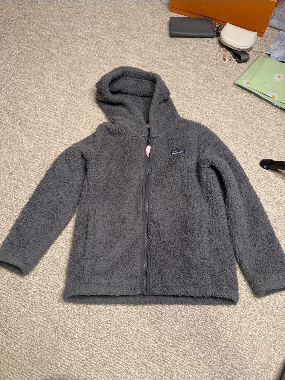 Patagonia Kids Charcoal Gray Hooded Sherpa Fleece Jacket